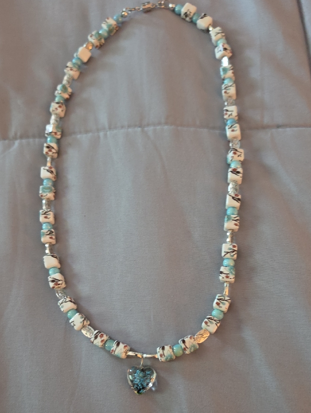 Blue and White Beaded Heart Pendant Necklace for Women